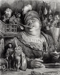 A refeição de Pantagruel, de «Pantagruel» de François Rabelais (1494-1553), gravado por Paul Jonnard-Pacel (m. 1902)